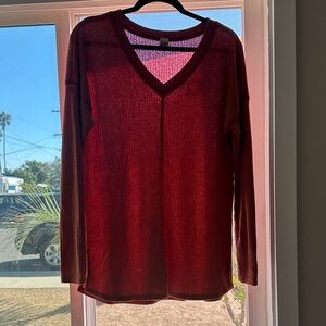 7th Ray Deep Red Long Sleeve V-Neck Top